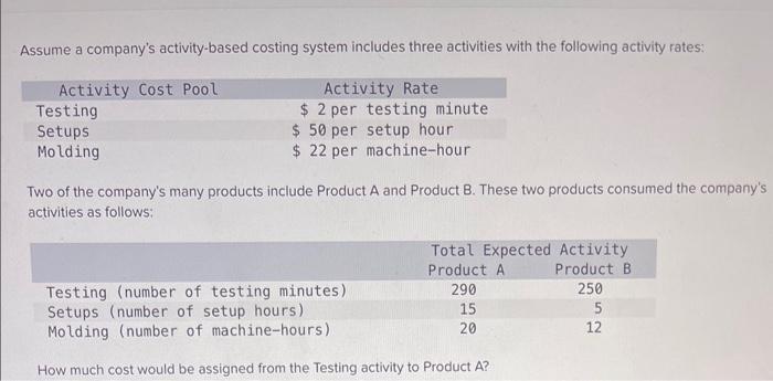 Assume a company's activity-based costing system includes three activities with the following