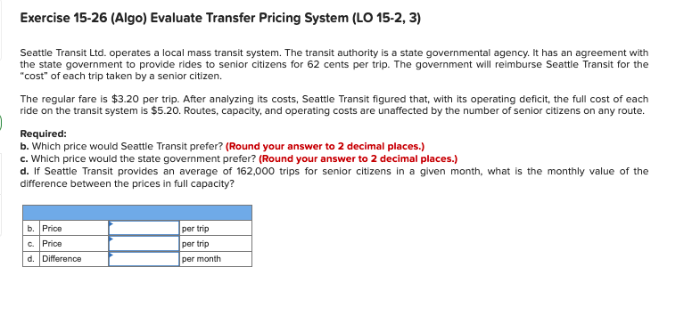 Exercise 15-26 (Algo) Evaluate Transfer Pricing System (LO 15-2, 3) Seattle Transit