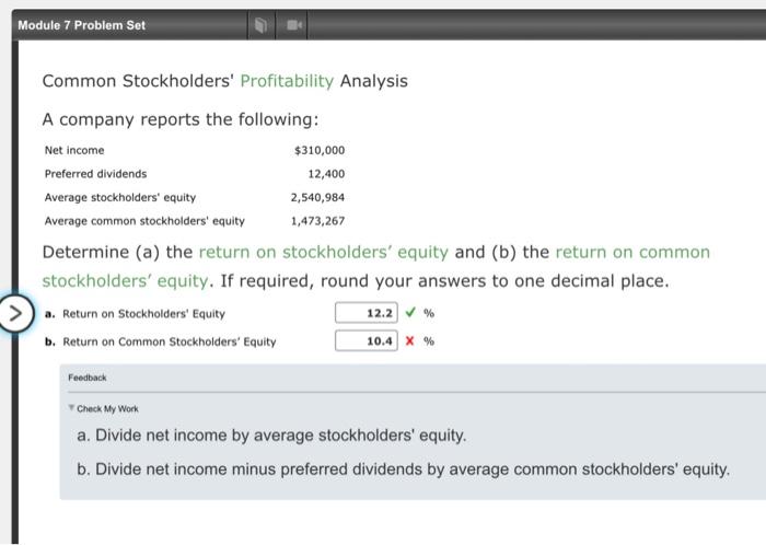Module 7 Problem Set Common Stockholders' Profitability Analysis A company reports the