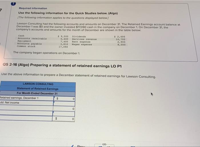 Required information Use the following information for the Quick Studies below. (Algo)