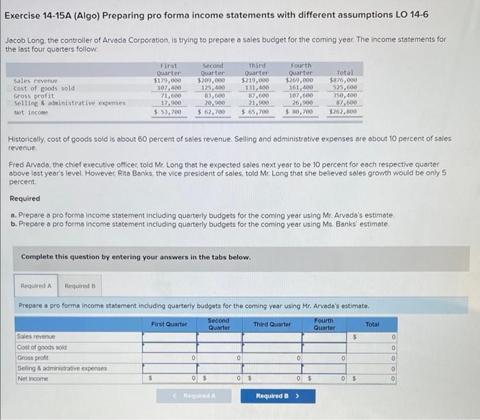 Exercise 14-15A (Algo) Preparing pro forma income statements with different assumptions LO