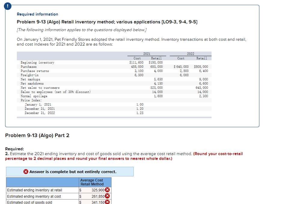 Required information Problem 9-13 (Algo) Retail inventory method; various applications [LO9-3, 9-4,