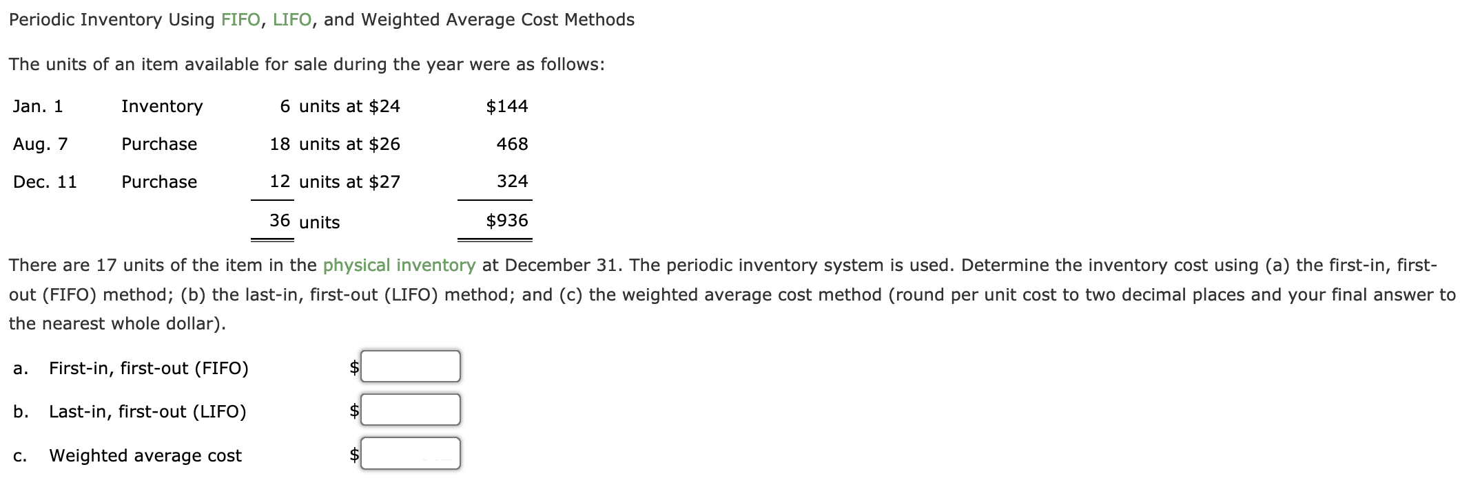 Periodic Inventory Using FIFO, LIFO, and Weighted Average Cost Methods The units