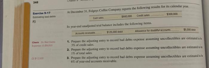 348 Exercise 9-17 Estimating bad debts P3 Check Dr Bad Debts Expense