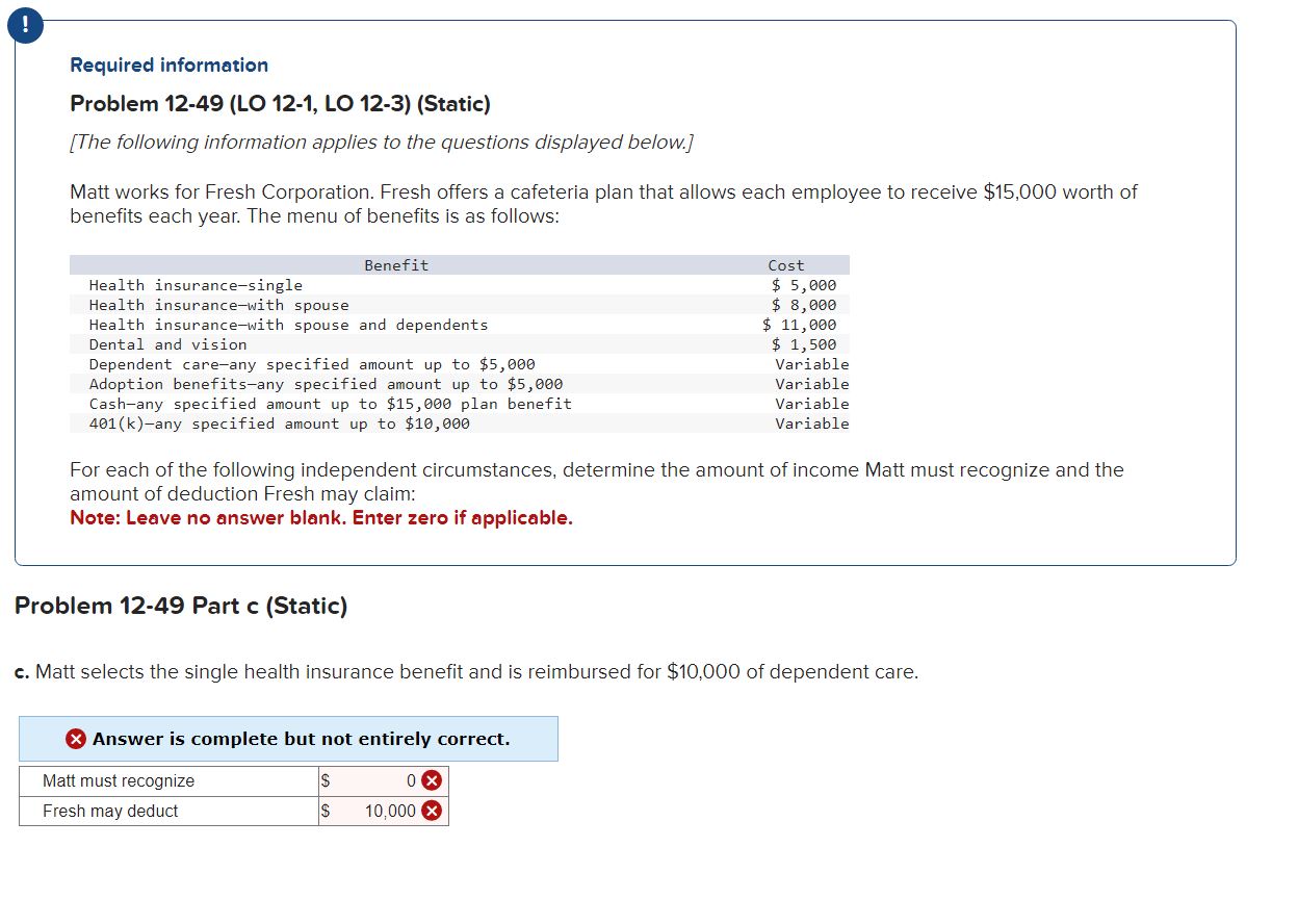 Required information Problem 12-49 (LO 12-1, LO 12-3) (Static) [The following information