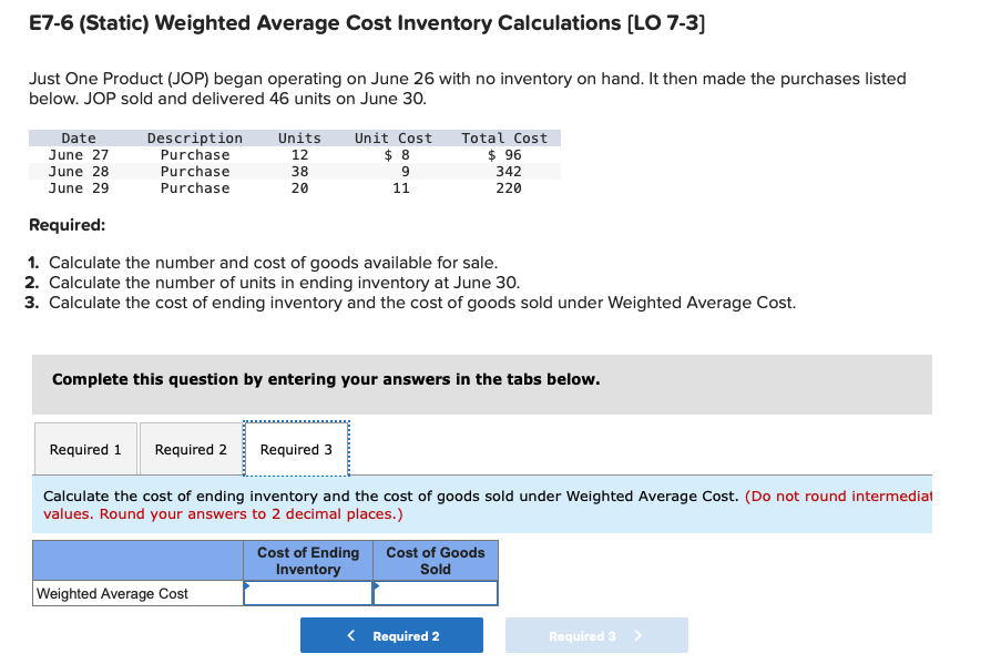 E7-6 (Static) Weighted Average Cost Inventory Calculations [LO 7-3] Just One Product