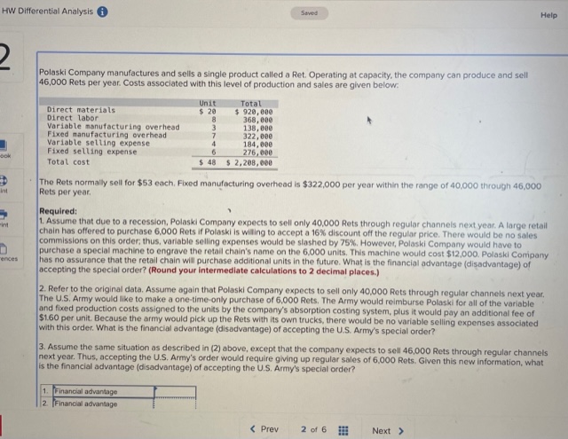 HW Differential Analysis Saved Help ook A. Int int rences Polaski Company