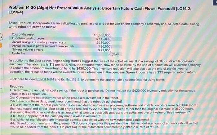 Problem 14-30 (Algo) Net Present Value Analysis; Uncertain Future Cash Flows; Postaudit