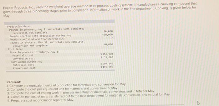 Builder Products, Inc., uses the weighted-average method in its process costing system.