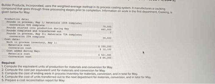 Builder Products, Incorporated, uses the weighted-average method in its process costing system.
