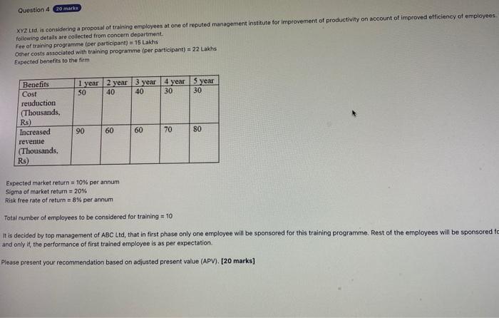 Question 4 20 marks XYZ Ltd, is considering a proposal of training