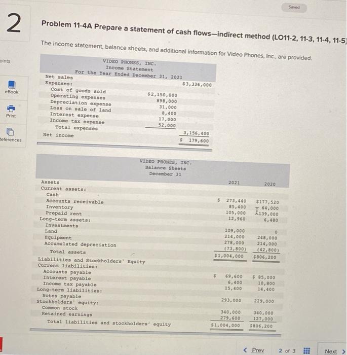 Saved 2 pints eBook Print Problem 11-4A Prepare a statement of cash