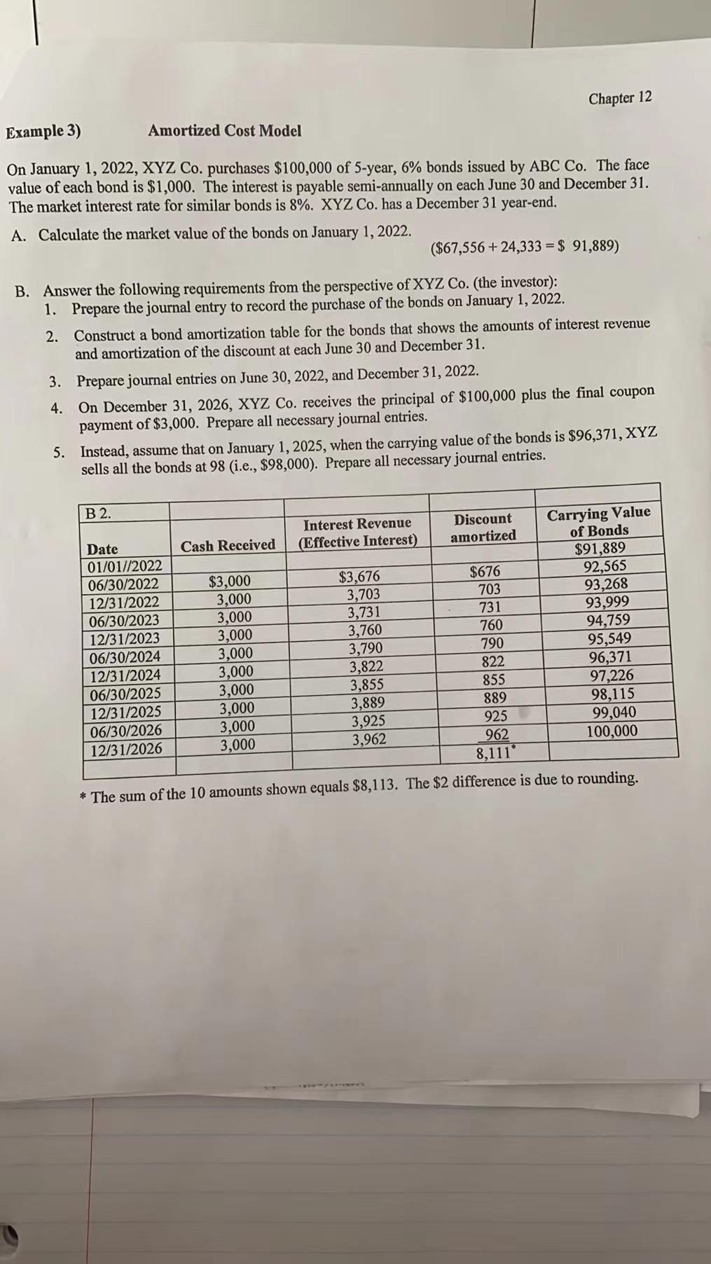 Chapter 12 Example 3) Amortized Cost Model On January 1, 2022, XYZ