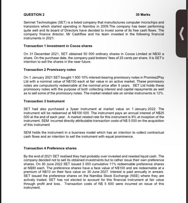 QUESTION 2 30 Marks Semnet Technologies (SET) is a listed company that