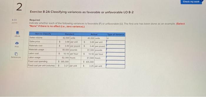 2 Check my work 8:33 points Exercise 8-2A Classifying variances as favorable
