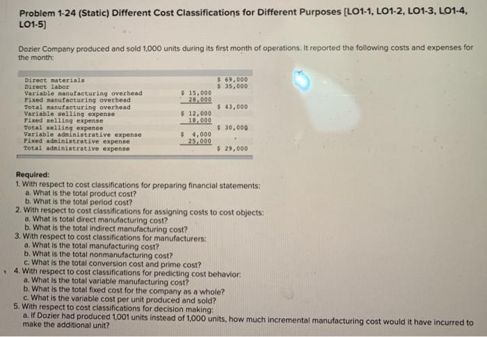 Problem 1-24 (Static) Different Cost Classifications for Different Purposes [LO1-1, LO1-2, LO1-3,