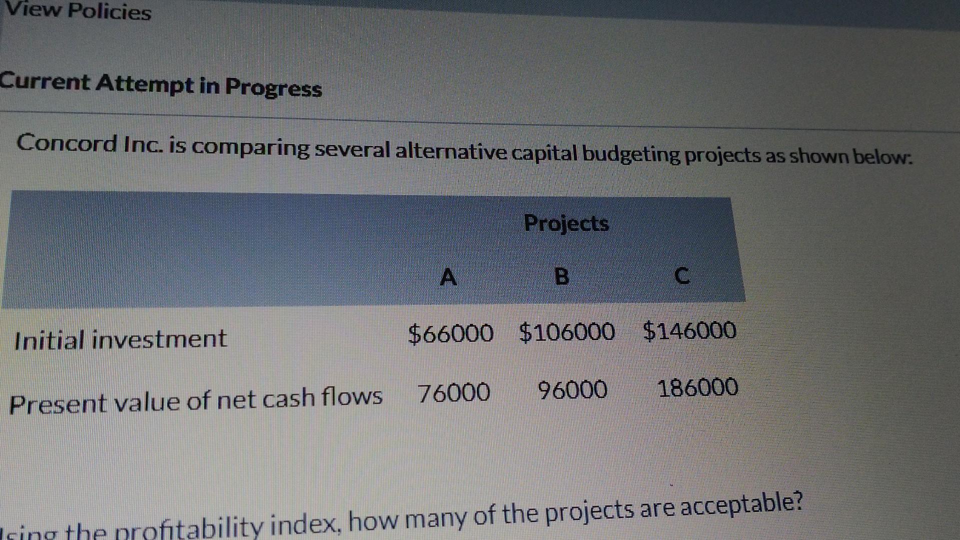View Policies Current Attempt in Progress Concord Inc. is comparing several alternative