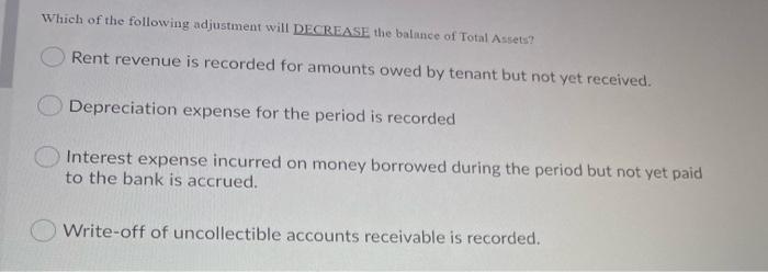 Which of the following adjustment will DECREASE the balance of Total Assets?
