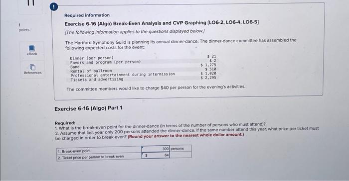 points Book o References Required information Exercise 6-16 (Algo) Break-Even Analysis and
