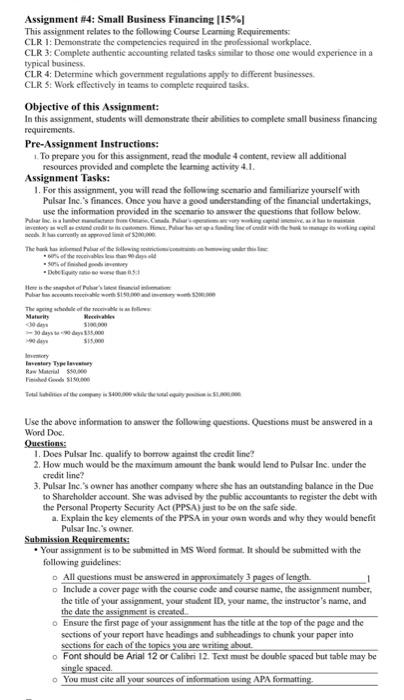 Assignment #4: Small Business Financing [15%] This assignment relates to the following
