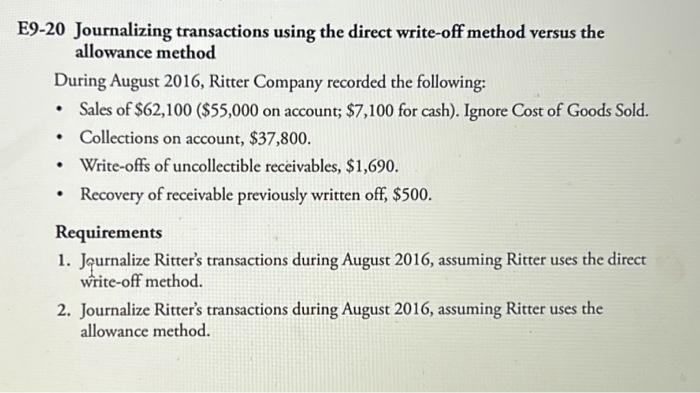 E9-20 Journalizing transactions using the direct write-off method versus the allowance method