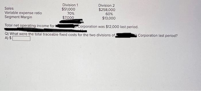 Sales Variable expense ratio Segment Margin Division 1 $51,000 Division 2 $258,000