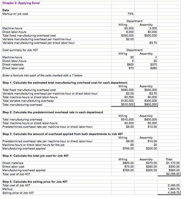 Chapter 2: Applying Excel Data Markup on job cost Machine-hours Direct labor-hours