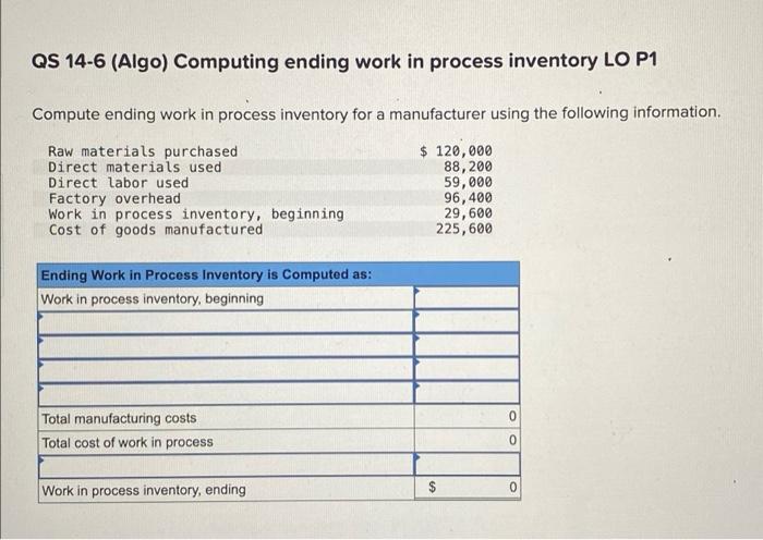 QS 14-6 (Algo) Computing ending work in process inventory LO P1 Compute