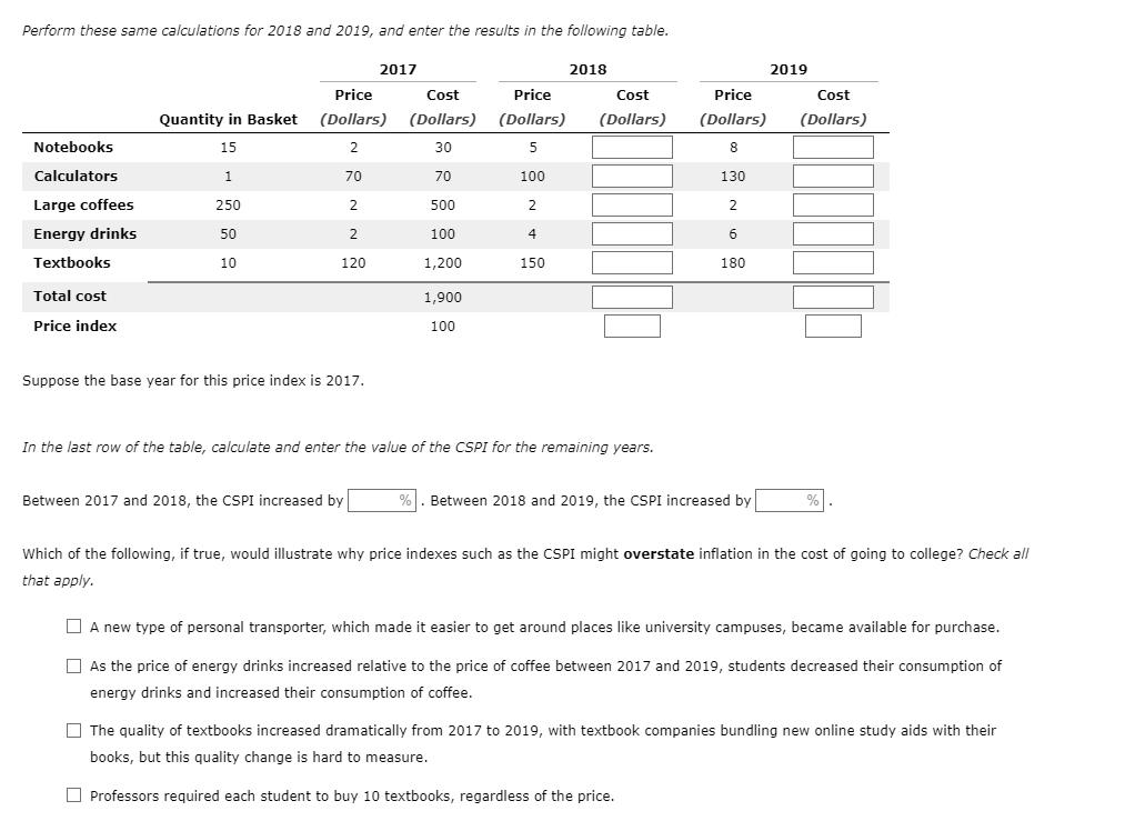 Perform these same calculations for 2018 and 2019, and enter the results