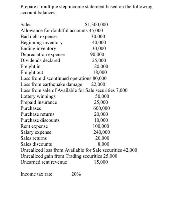Prepare a multiple step income statement based on the following account balances: