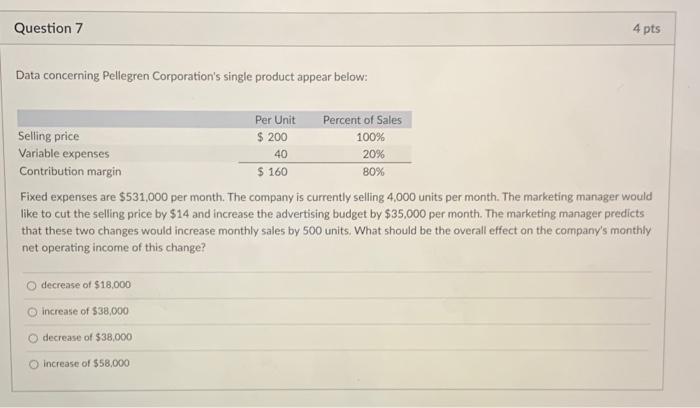 Question 7 Data concerning Pellegren Corporation's single product appear below: Selling price