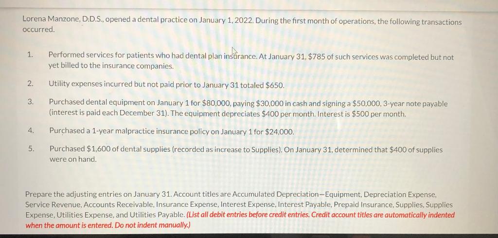 Lorena Manzone, D.D.S., opened a dental practice on January 1, 2022. During