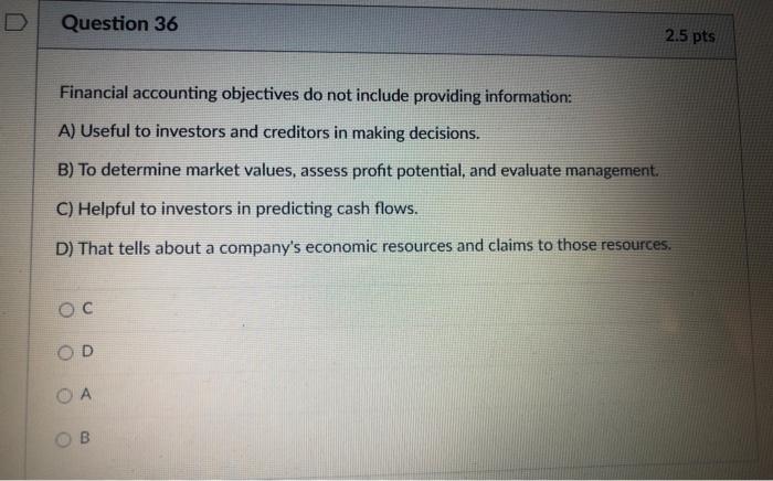 Question 36 2.5 pts Financial accounting objectives do not include providing information: