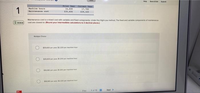 Help Save & Subne 1 Machine hours Maintenance cost Prior Year Current