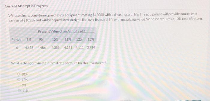 Current Attempt in Progress Windsor, Inc. is considering purchasing equipment costing $42000