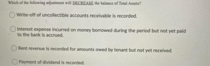 Which of the following adjustment will DECREASE the balance of Total Assets?