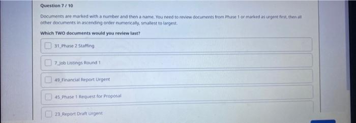 Question 7/10 Documents are marked with a number and then a name.