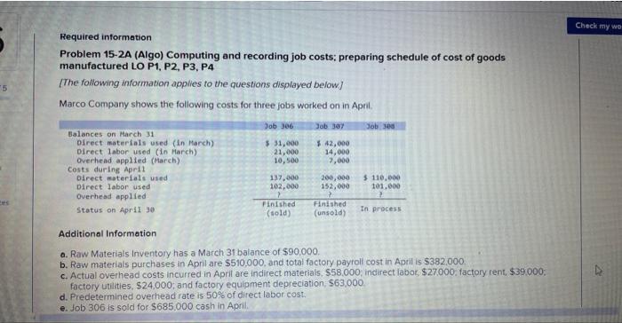 5 Required information Problem 15-2A (Algo) Computing and recording job costs; preparing