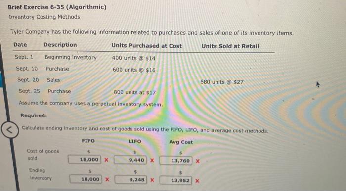Brief Exercise 6-35 (Algorithmic) Inventory Costing Methods Tyler Company has the following
