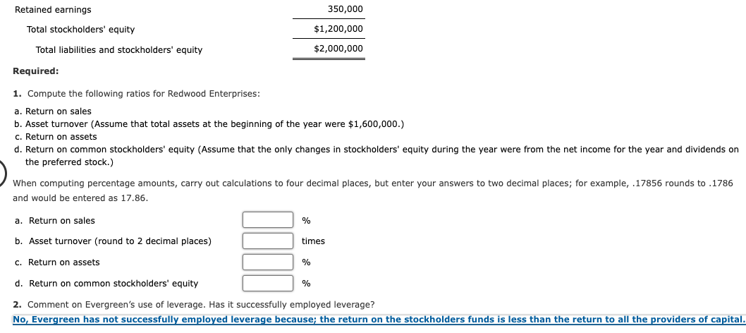 financial statements of Redwood Enterprises: Sales revenue Cost of goods sold Gross