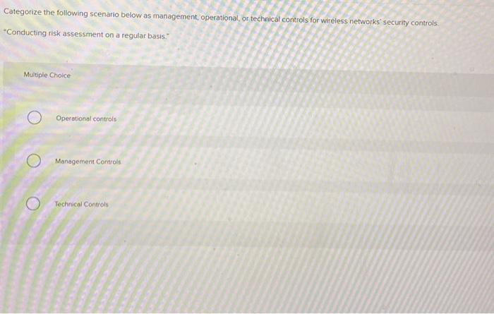 Categorize the following scenario below as management, operational, or technical controls for