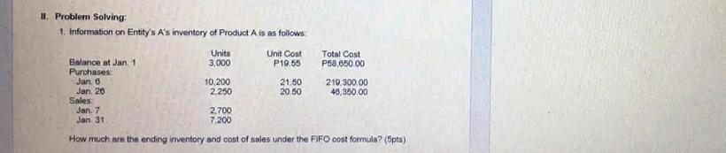 II. Problem Solving: 1. Information on Entity's A's inventory of Product A