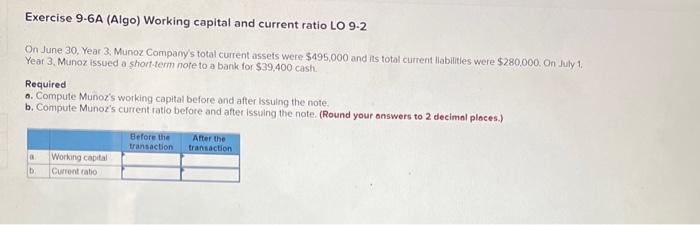 Exercise 9-6A (Algo) Working capital and current ratio LO 9-2 On June