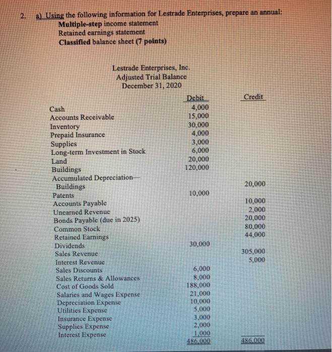 2. a) Using the following information for Lestrade Enterprises, prepare an annual:
