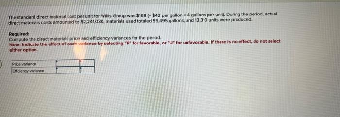 The standard direct material cost per unit for Willis Group was $168