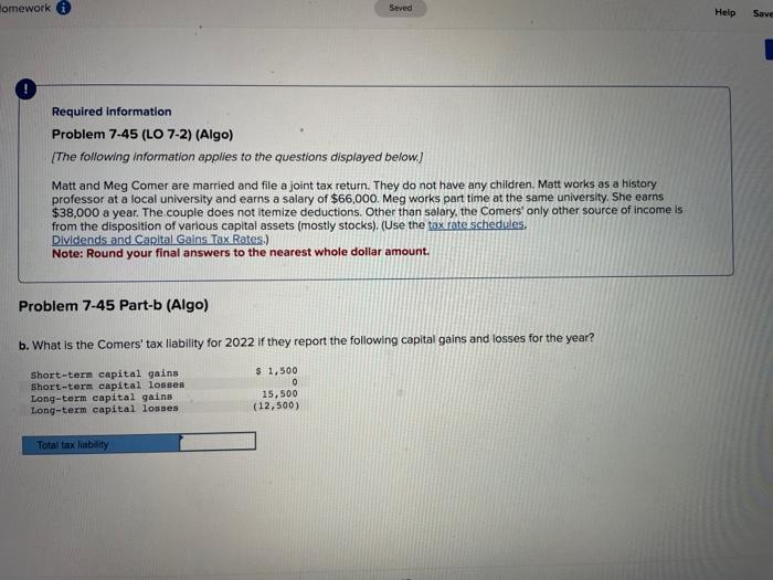 Homework Required information Saved Help Save Problem 7-45 (LO 7-2) (Algo) [The