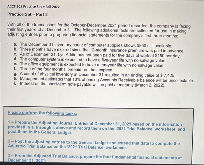 ACCT 305 Practice Set = Fall 2022 Practice Set Part 2 With
