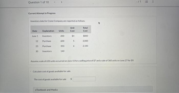 Question 1 of 10 Current Attempt in Progress Inventory data for Crane