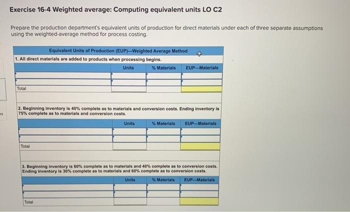 Exercise 16-4 Weighted average: Computing equivalent units LO C2 Prepare the production