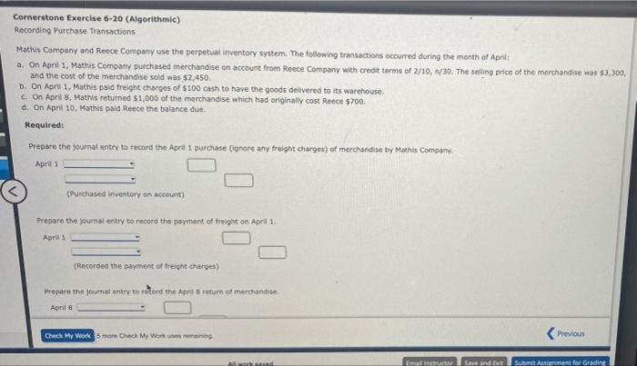 Cornerstone Exercise 6-20 (Algorithmic) Recording Purchase Transactions Mathis Company and Reece Company